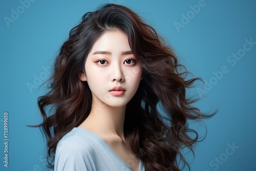 Beautiful Korean girl with long curly hair on a blue background. Advertising concept for Korean cosmetics and hair care products, shampoos and hair conditioners.