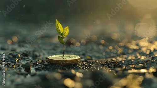 Explore the emblematic representation of development and wealth through a coin germinating a tree, illustrating the inherent possibility for plenitude and prosperity.