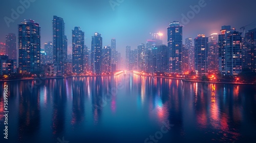 City Skyline Reflecting in Water at Night