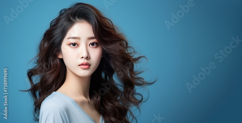 Banner for websites. Beautiful Korean girl with long curly hair on a blue background. Advertising concept for Korean cosmetics and hair care products, shampoos and hair conditioners.