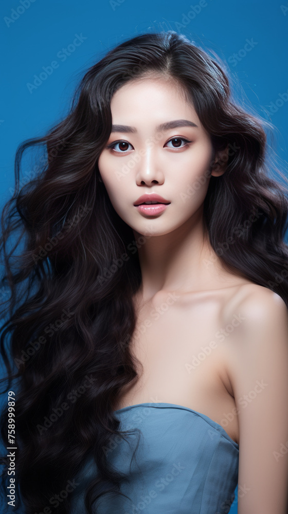 Naklejka premium Beautiful Korean girl with long curly hair on a blue background. Advertising concept for Korean cosmetics and hair care products, shampoos and hair conditioners. Vertical photo.