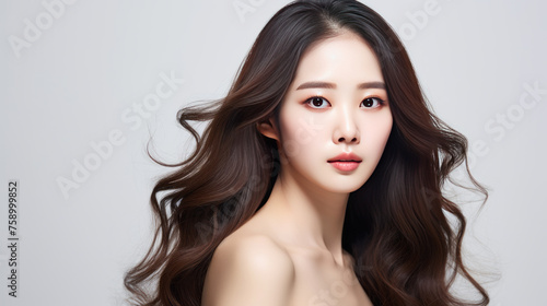 Beautiful Korean girl with long curly hair on a white background. Advertising concept for Korean cosmetics and hair care products, shampoos and hair conditioners.