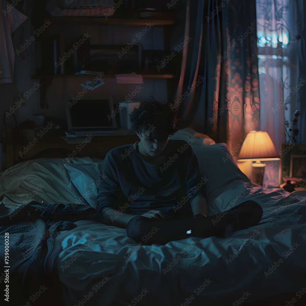 Teen Boy Sitting on Bed, Engrossed in Laptop, Capturing Nighttime Study Session Generative AI Teen Boy Sitting on Bed, Engrossed in Laptop, Capturing Nighttime Study Session Generative AI