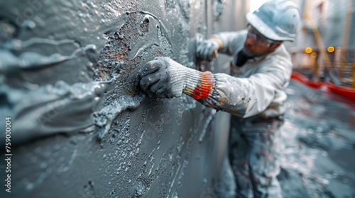 Man in Hard Hat Spray Painting Wall