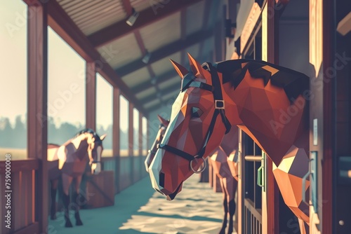 Serene scene of horses enjoying their morning brew in the stables low poly pastel color photo