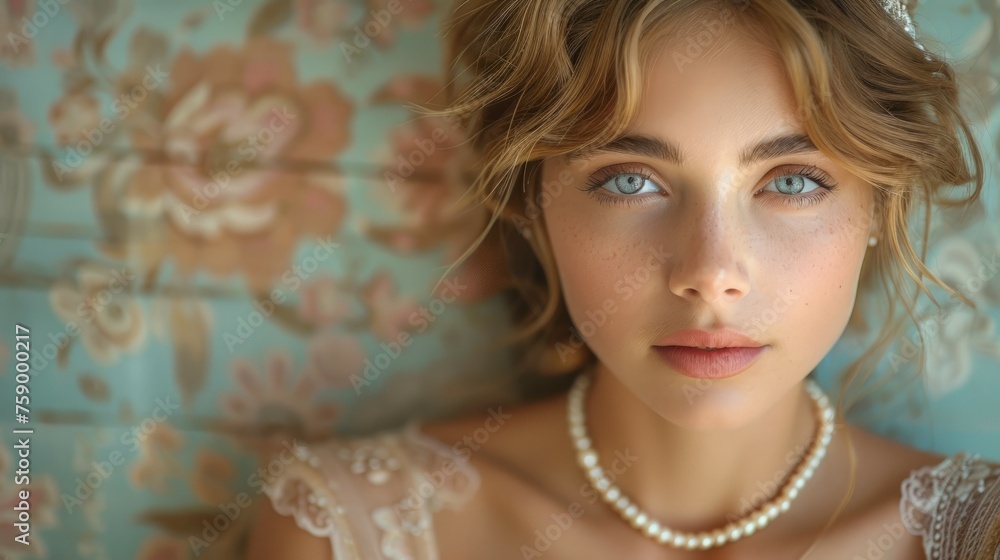 Elegant Woman Wearing Pearl Necklace and Tiara