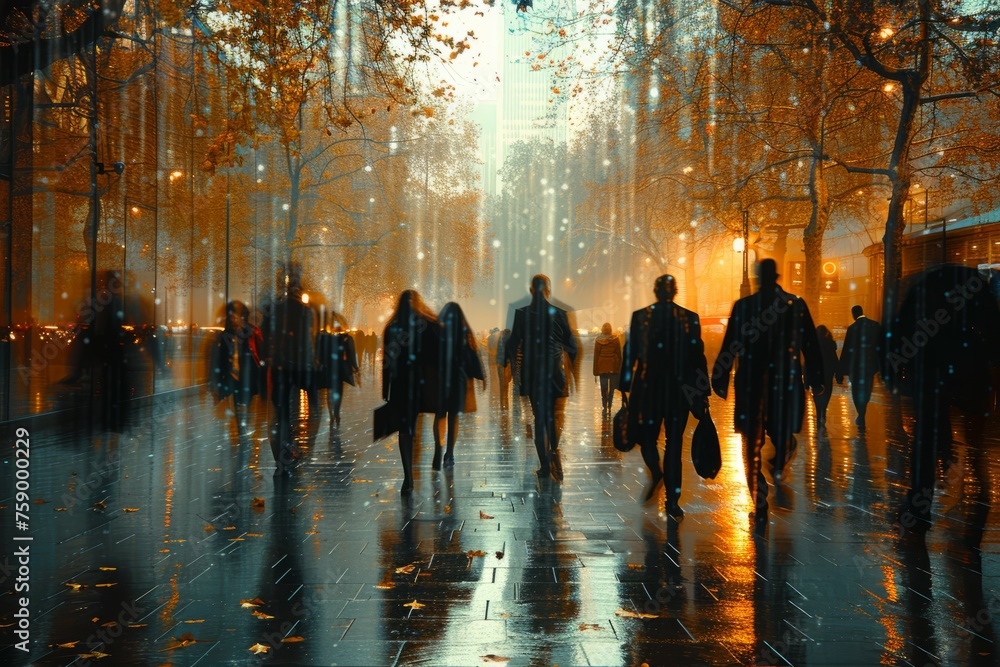 Group of People Walking Down Street in Rain