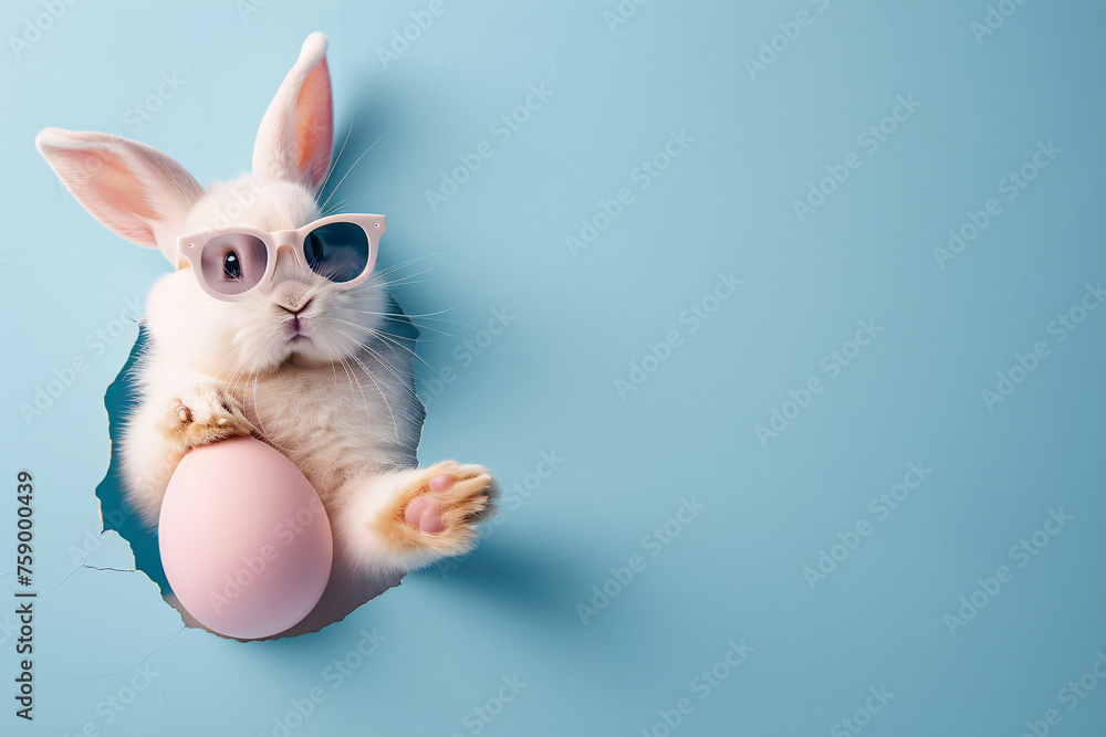 Fototapeta premium Easter bunny rabbit wearing sunglasses with Easter egg peeping outside the rabbit hole on blue background