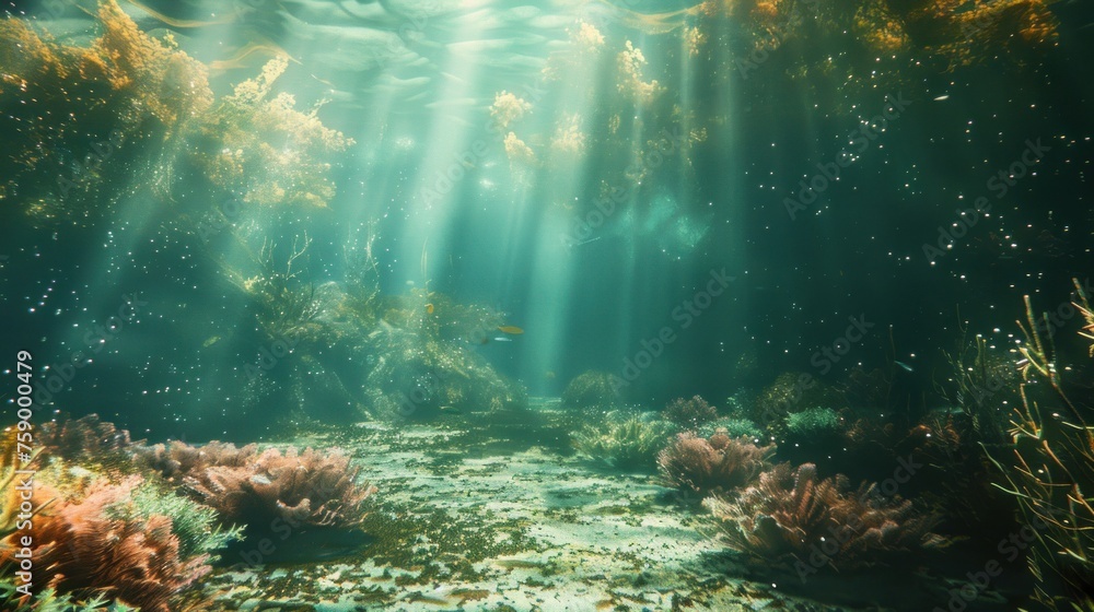 Beautiful underwater scene with coral and sunbeams on clear water. AI generated image