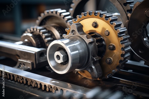 Close-up shot of a chain tensioner amidst the complex machinery in a bustling industrial environment photo
