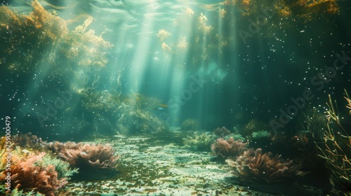 Beautiful underwater scene with coral and sunbeams on clear water. AI generated image