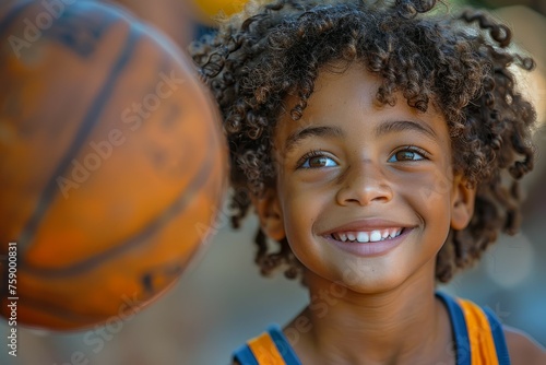 Young Boy With Curly Hair Holding Basketball