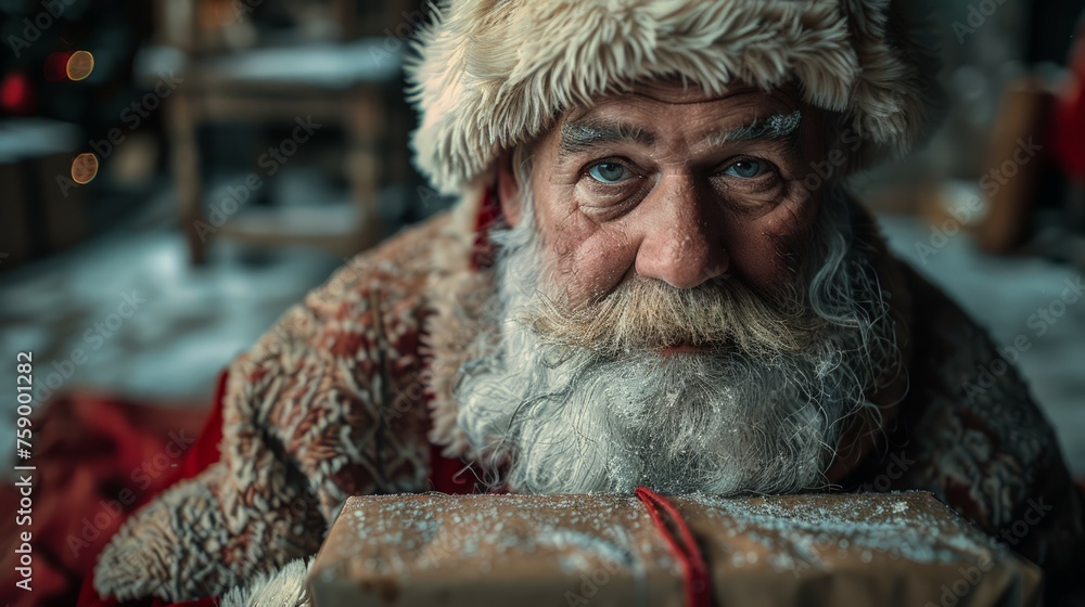 Elderly Bearded Man in Santa Hat