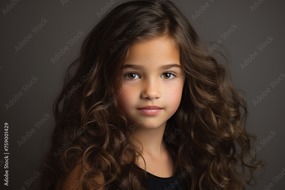 portrait of a beautiful little girl with long curly hair on a gray background portrait of a beautiful little girl with long curly hair on a gray background