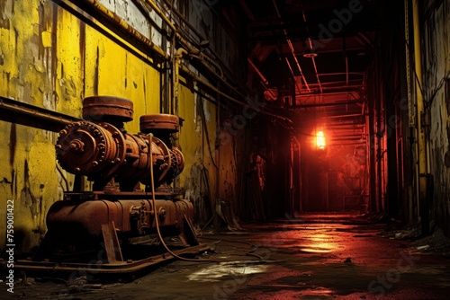 The stark contrast of a strobe light against the backdrop of an old industrial setting with rusted machinery photo