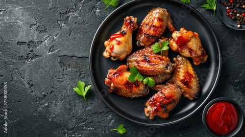 Tasty grilled chicken spicy with ketchup on a black plate. top view dark background. AI generated