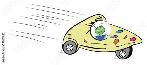 Illustration of a Martian driving a pizza car