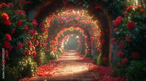 Pathway Overgrown With Red Flowers and Greenery