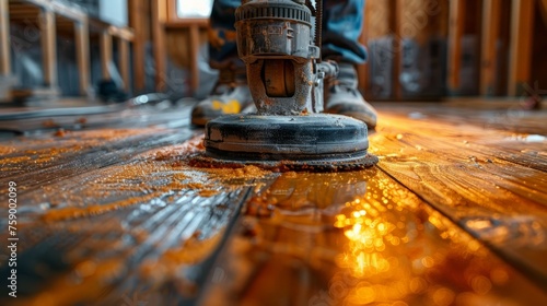 Worker Operating Floor Polisher on Wooden Floor