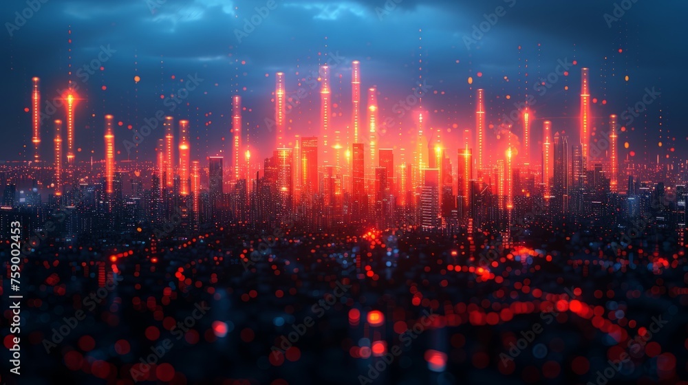 Futuristic Cityscape Illuminated by Red and Blue Lights