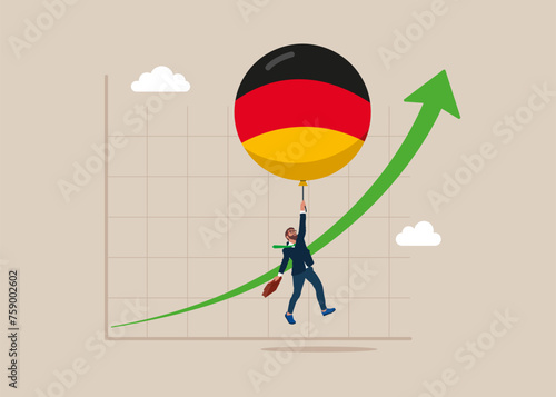 Balloon with the symbol of the Germany flag floats higher. High global inflation. Floating interest. Inflation high up. Flat vector illustration 