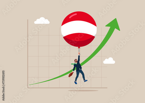Balloon with the symbol of the Austria flag floats higher. High global inflation. Floating interest. Inflation high up. Flat vector illustration 