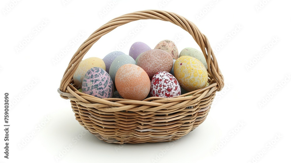 Wicker basket with colorful easter eggs on white background. Generative AI