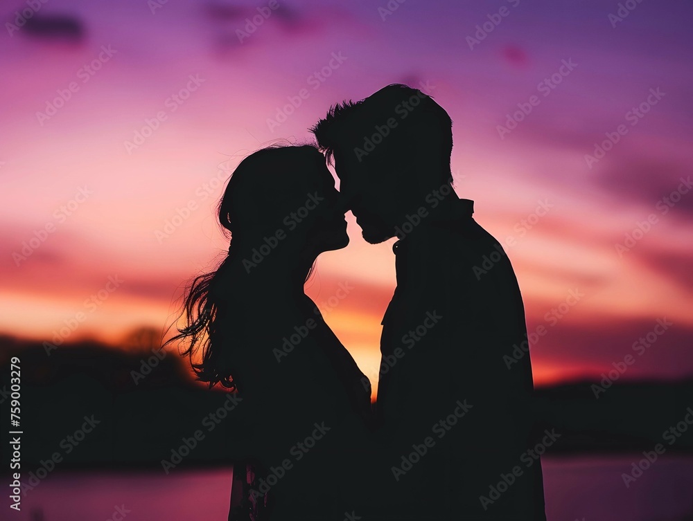 Silhouette kiss dusk setting