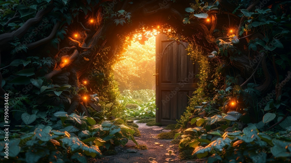 Open Door Surrounded by Lush Forest