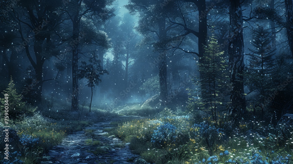 Dense Forest With Blue Flowers - obrazy, fototapety, plakaty 