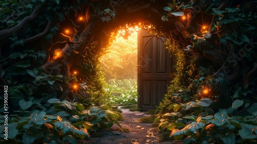 Open Door Surrounded by Lush Forest