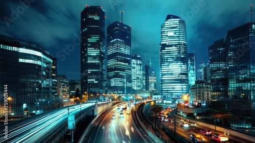 Modern buildings of skyscrapers with glass facade at night view. AI generated image