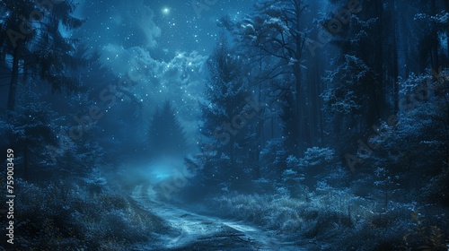Dark Forest With Stream and Stars