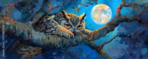 Sleepy owl in a moonlit tree guardian of the night photo