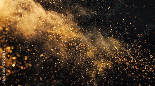 Illustration sprinkle gold dust glitters isolated on a black background. AI generated image