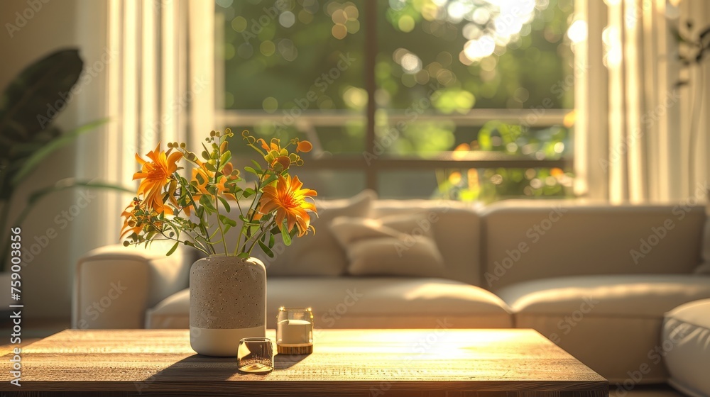 Golden hour sunlight in a cozy living room Golden hour sunlight in a cozy living room