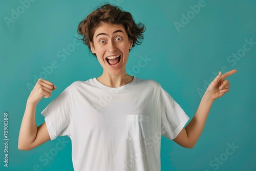 Person with excited expression pointing to t-shirt 