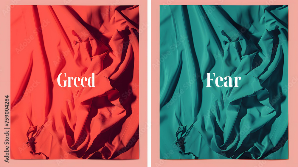 Word “Fear” and “Greed” in red and green background, fear and greed in stock and currency market, bull and bear market concept