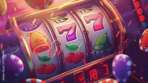 Colorful Slot Machine in Close-Up View - Close-up of vibrant slot machine reels with classic symbols, glowing in anticipation of a winning combination