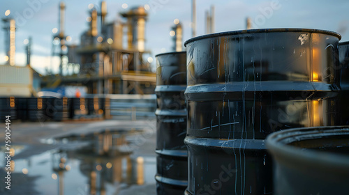 Black oil barrels or cans in the background a large oil storage warehouse or industry or silo, one of the world's most traded commodities and is vital to the economy
