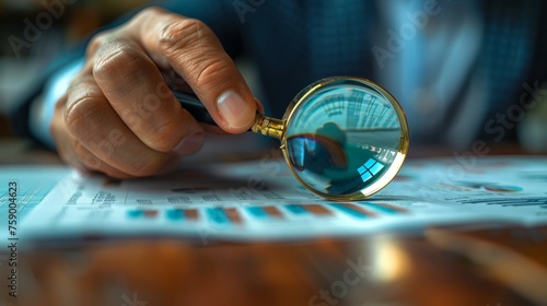 Businessman Examining Financial Document With Magnifying Glass