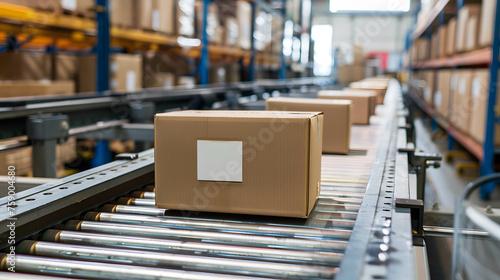 Cardboard box packages seamlessly moving along a conveyor belt in a warehouse, transportation and distribution center, efficient product inspection and delivery system