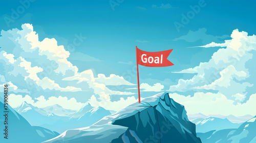 The flag word “Goal” on the mountain, setting good and clear goals helps you reach your target and achieve success faster © Slowlifetrader