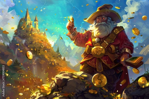 Majestic wizard with coins in mystical land - A grand wizard conjures magic coins against the backdrop of an enchanting medieval castle amidst a golden landscape photo