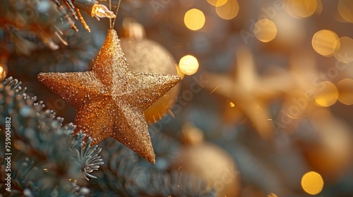 Close Up of Star Ornament on Christmas Tree