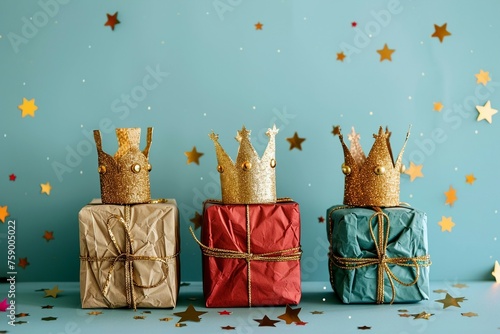 Three wrapped presents with crowns on top of them