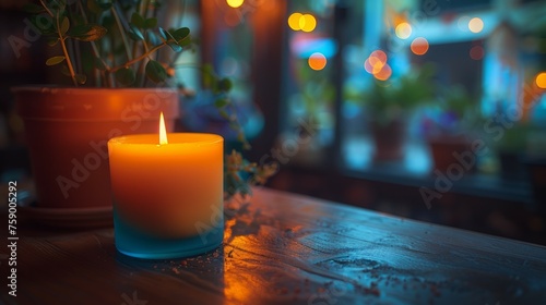 Lit Candle and Potted Plant on Table