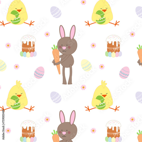 Easter seamless pattern with chicks, bunny, easter cake and eggs. Vector illustration