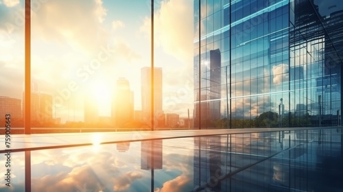 Modern office building or business center. High-rise window buildings made of glass reflect the clouds and the sunlight. empty street outside  wall modernity civilization. growing up business