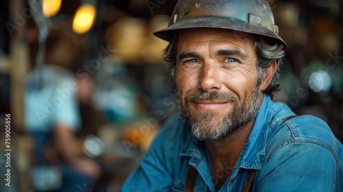 Construction Worker in Hard Hat and Blue Shirt